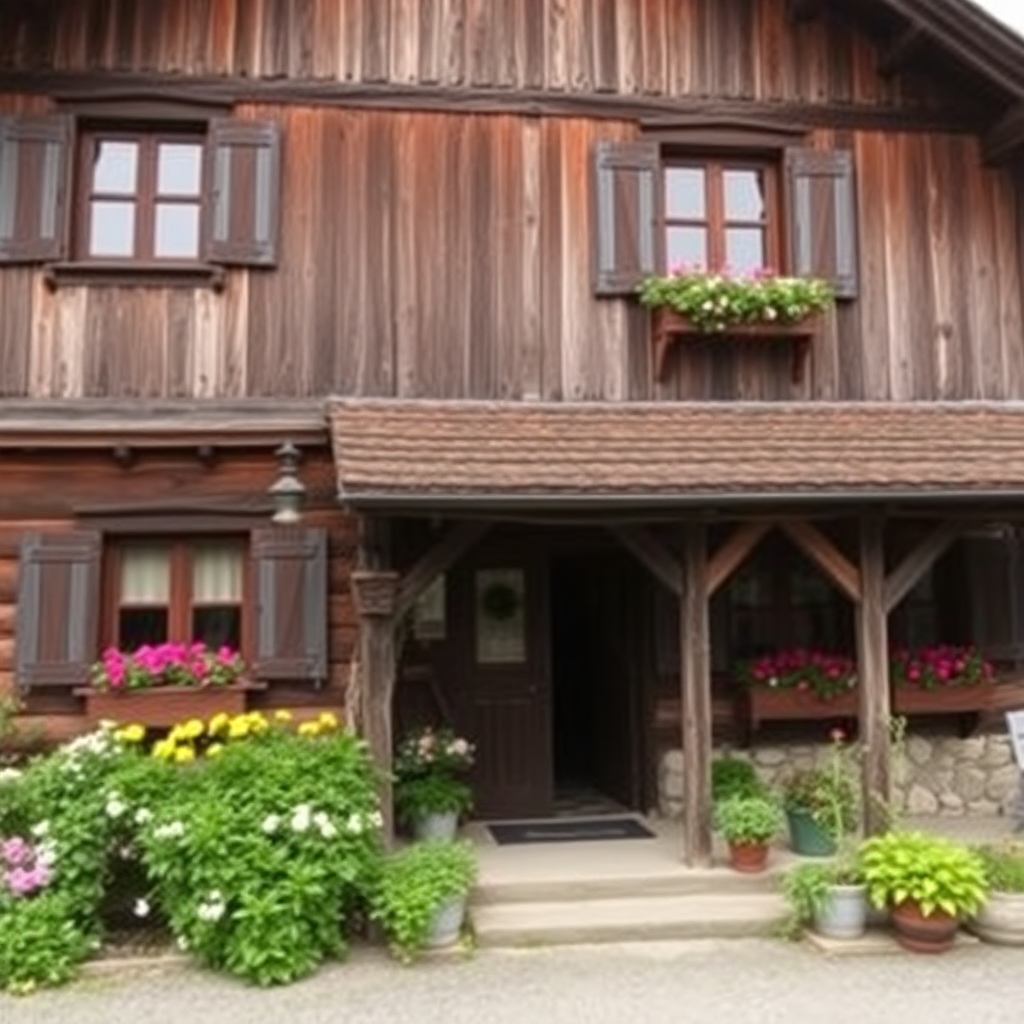 traditional slovenian farmhouse exterior with wooden architecture, flower boxes, rustic charm, countryside setting