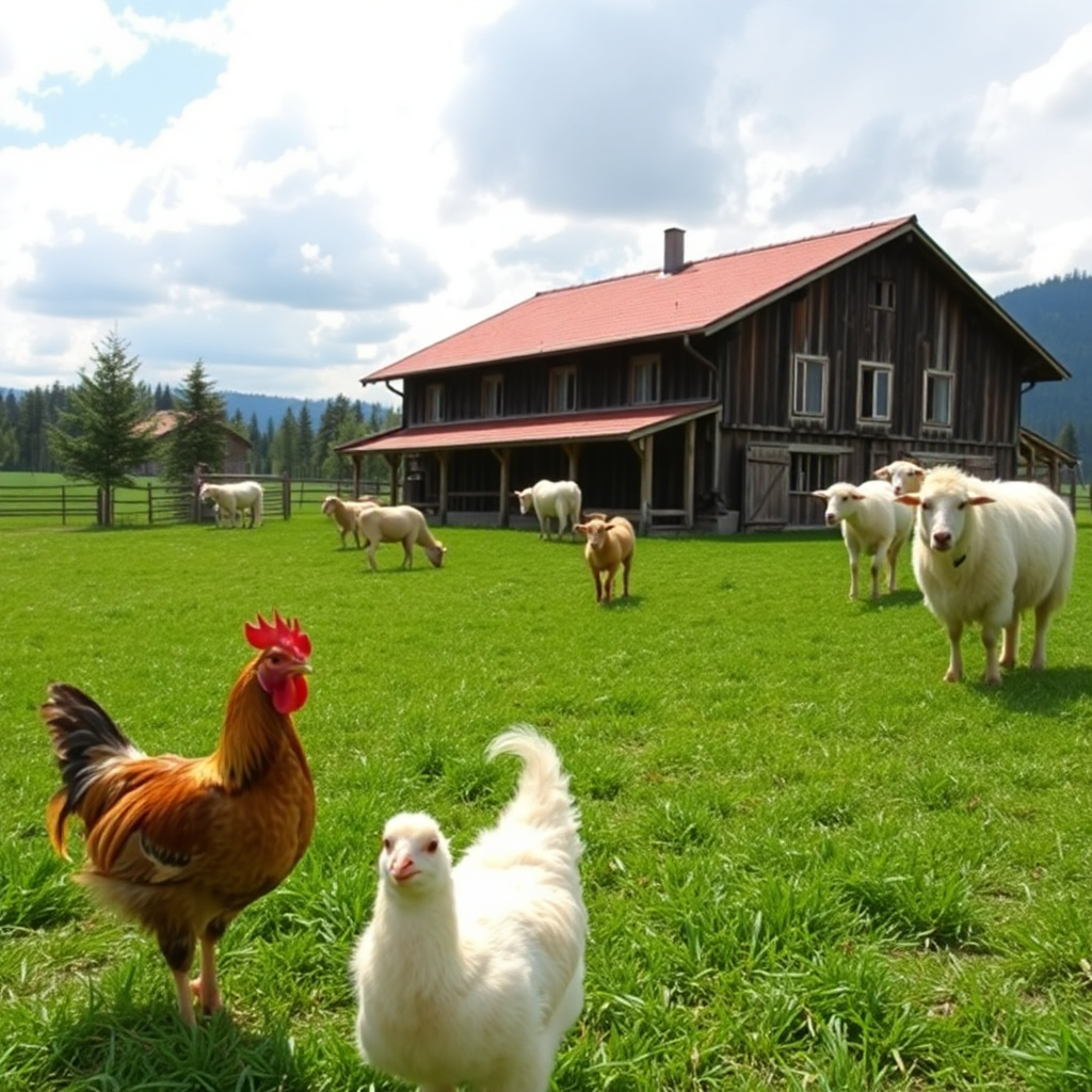 farm animals - chickens, goats, sheep grazing in slovenian countryside, traditional farm setting