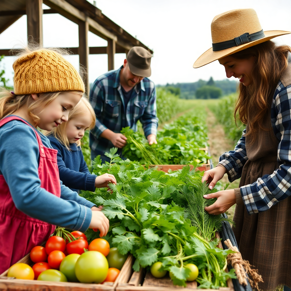 family participating in farm activities, harvesting vegetables, traditional slovenian farm experience, hands-on learning