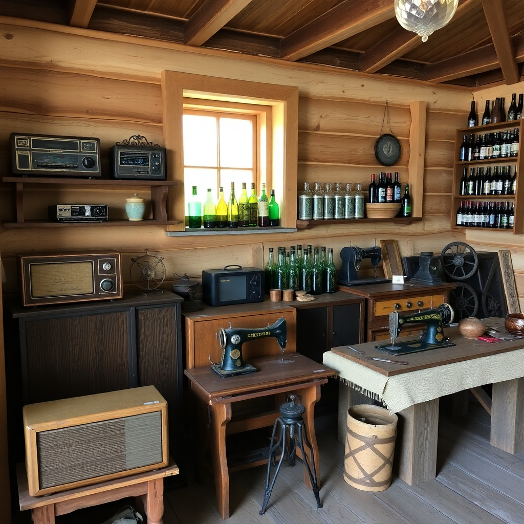 old slovenian farm museum with vintage radios, antique sewing machines, historical bottles, traditional artifacts