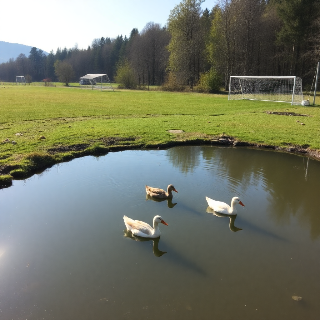 farm pond with ducks, soccer field, recreational areas in slovenian countryside, family activities
