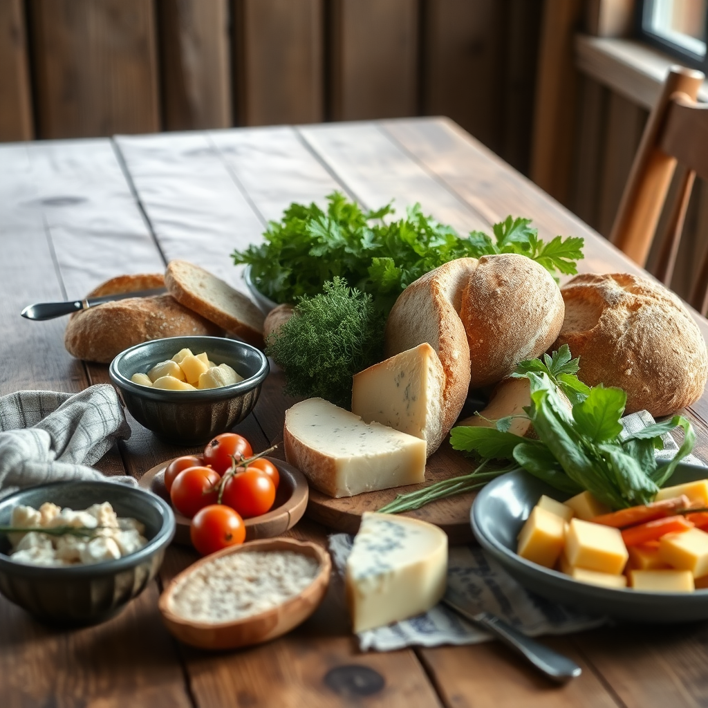traditional slovenian farm feast with homemade bread, local cheese, organic vegetables, rustic table setting