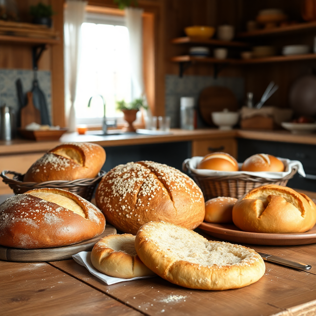 freshly baked bread and pastries on wooden table, farm kitchen setting, traditional slovenian baking