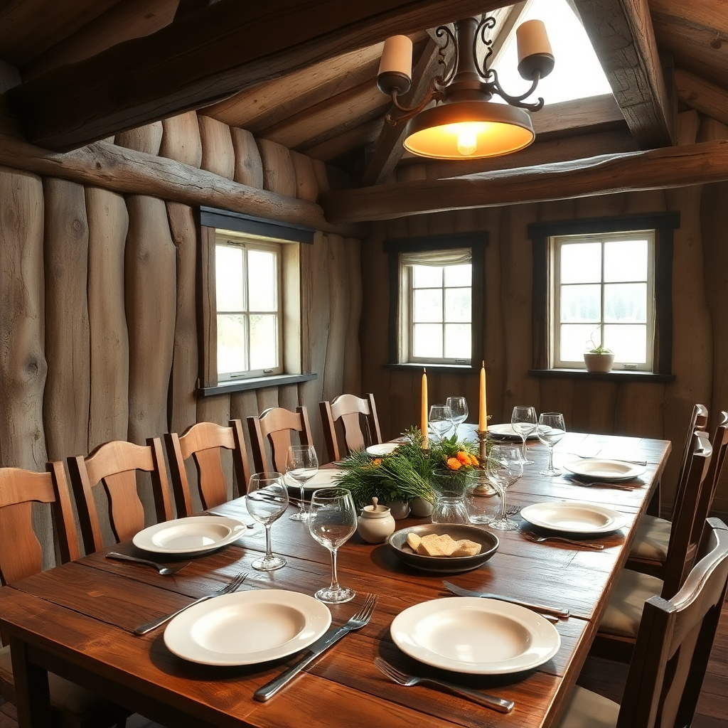 traditional slovenian dining room with wooden table, farm feast setup, rustic atmosphere