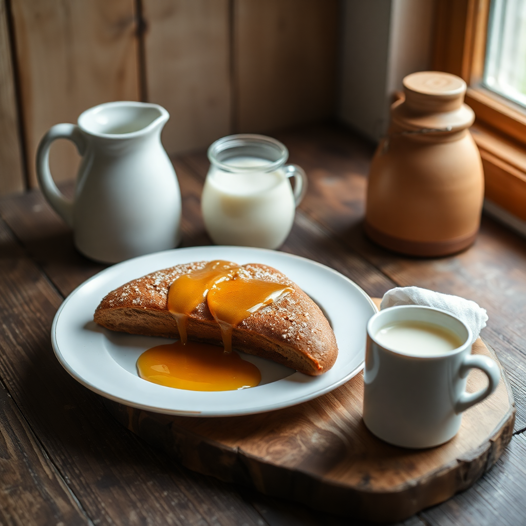 instagram style photo of slovenian farm breakfast with fresh bread, honey, milk, rustic table