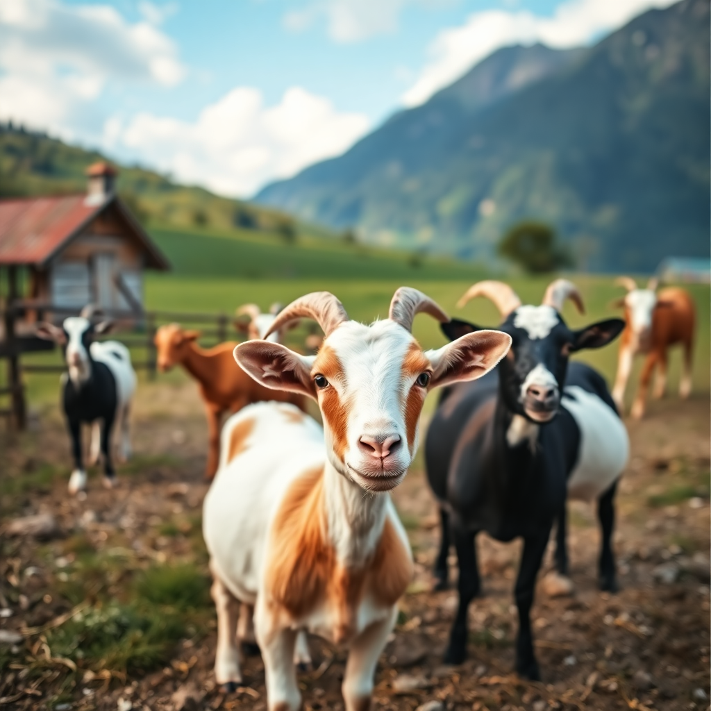 instagram style photo of goats on slovenian farm, cute farm animals, countryside setting