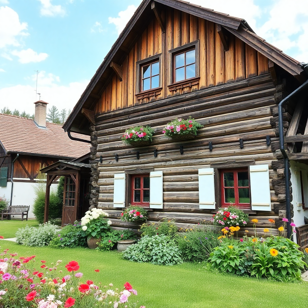 instagram style photo of traditional slovenian farm building, wooden architecture, flowers