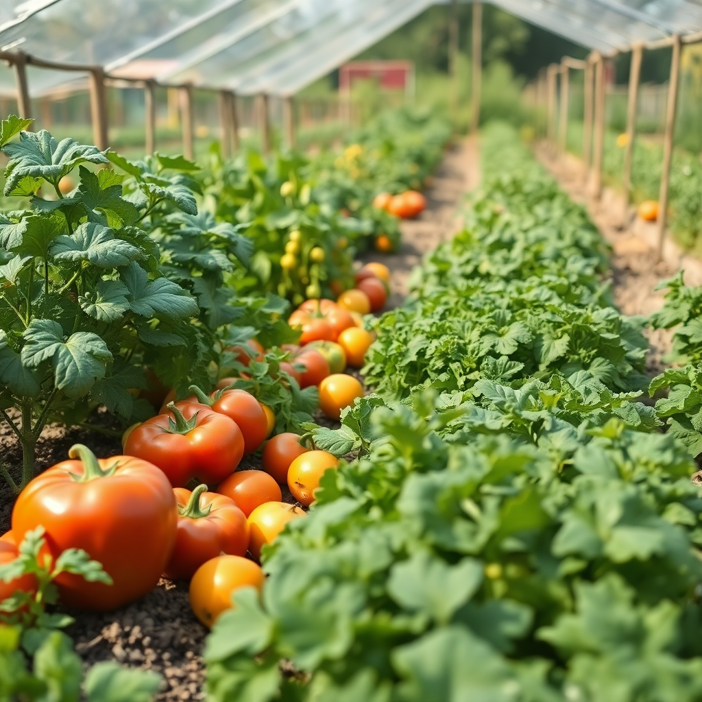instagram style photo of farm garden with organic vegetables, harvest time, sustainable farming