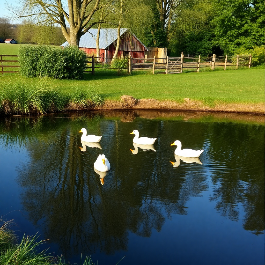 instagram style photo of farm pond with ducks, peaceful countryside scene, reflection