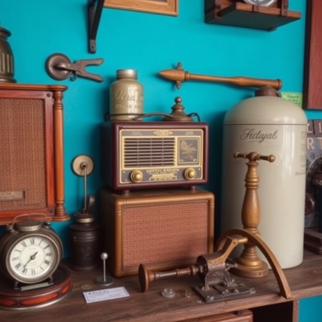 instagram style photo of antique museum items, vintage radio, old farming tools, nostalgia