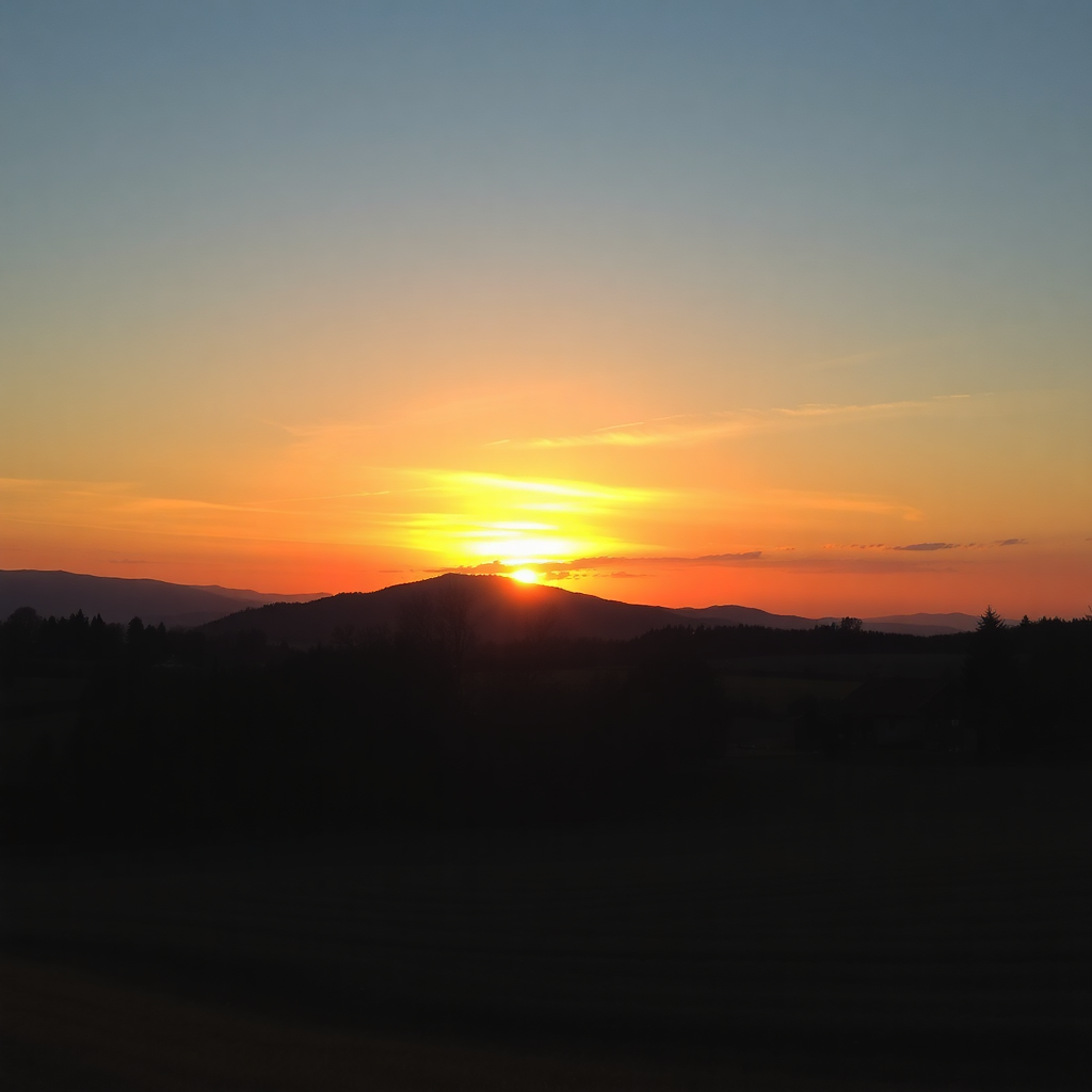 instagram style photo of sunset over slovenian farm, golden hour, countryside landscape