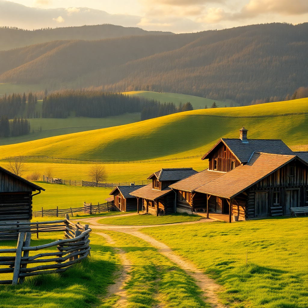 beautiful slovenian countryside farm with traditional wooden buildings, rolling green hills, rustic authentic atmosphere, golden hour lighting
