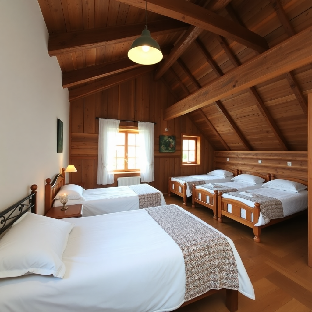 family room in farmhouse with multiple beds, rustic wooden decor, traditional slovenian style, warm atmosphere