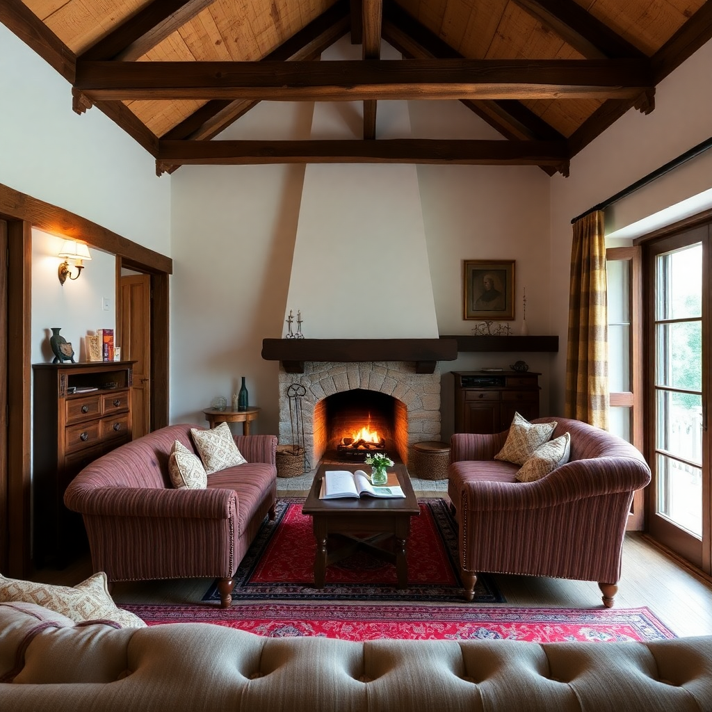romantic farmhouse suite with traditional slovenian decor, wooden beams, cozy fireplace, countryside luxury