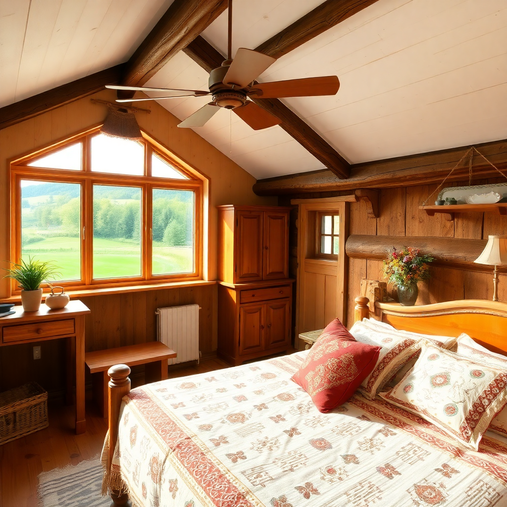 cozy rustic farmhouse bedroom with wooden furniture, traditional slovenian decor, warm lighting, countryside view
